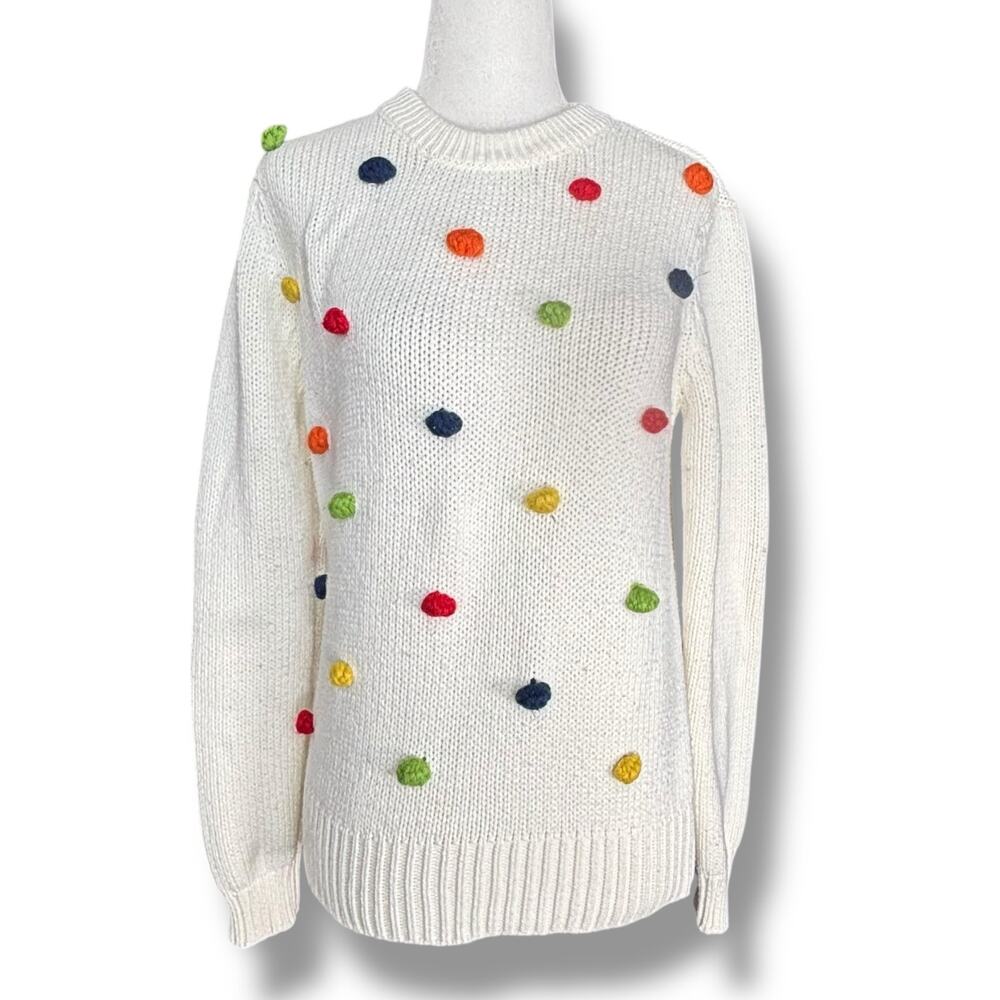 ModCloth White Knit Sweater Multicolor Rainbow Pom Poms Polka Dot Crewneck‎